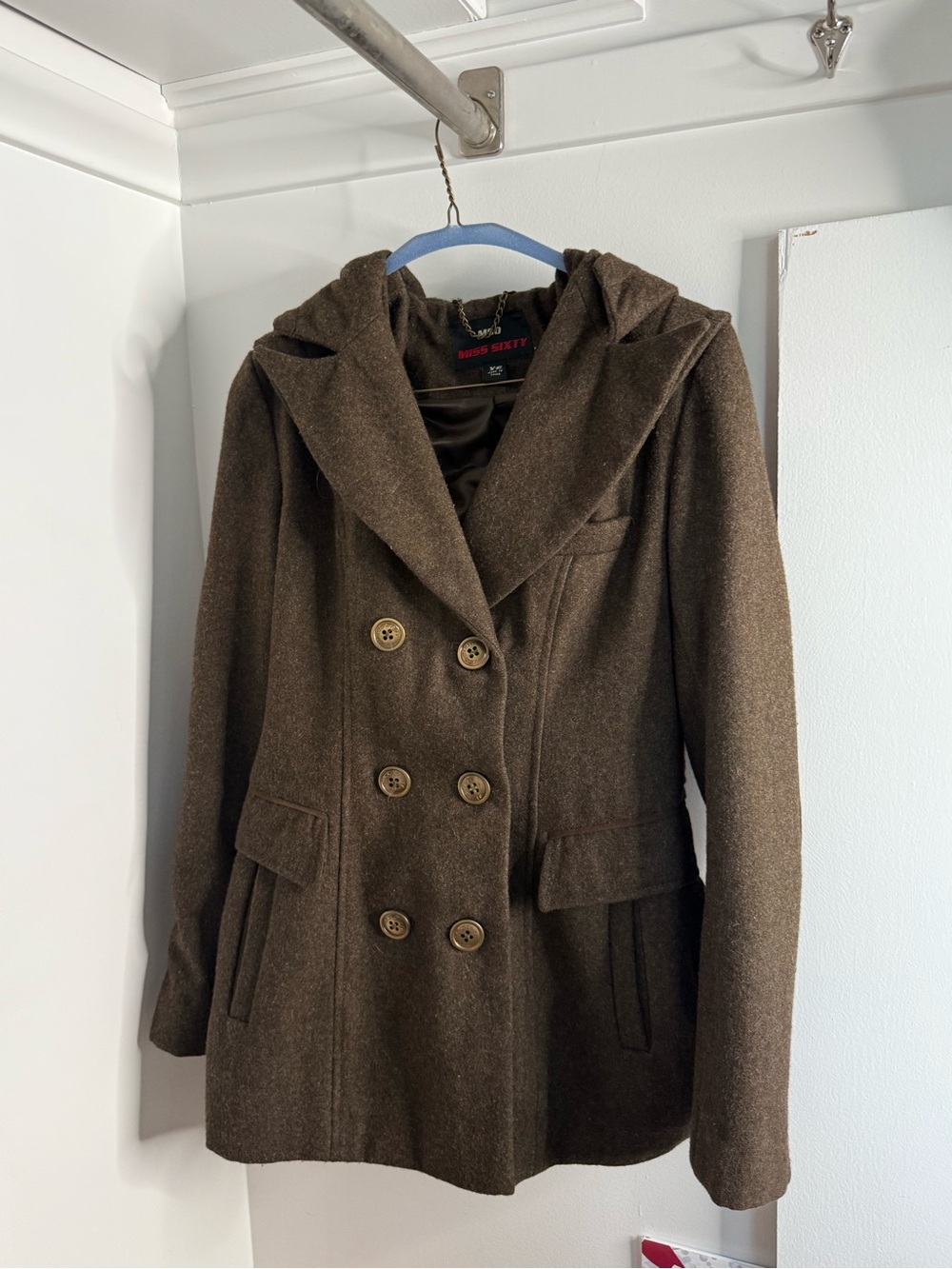 Miss Sixty Brown/khaki green Double-Breasted Peacoat with Hood